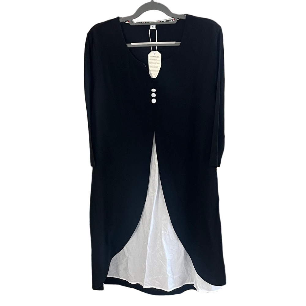 Two-tone Black and White Open Face Midi Length Dress with Button Detail